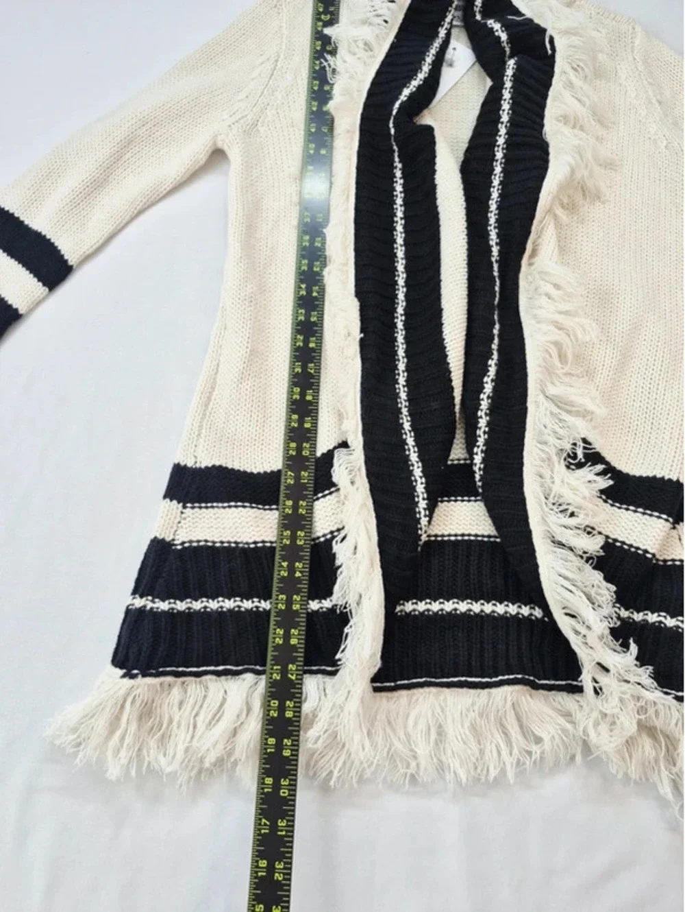 BB Dakota Oversize Ivory Black Stripe Knit Open Front Fringe Cardigan Women's XS